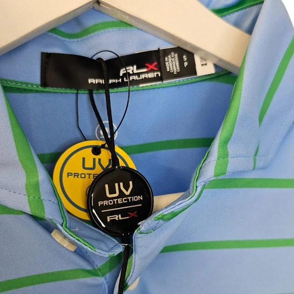 RLX Ralph Lauren Men's Golf Polo Striped T-Shirt Blue Green UPF Size Small NWT - Picture 8 of 8